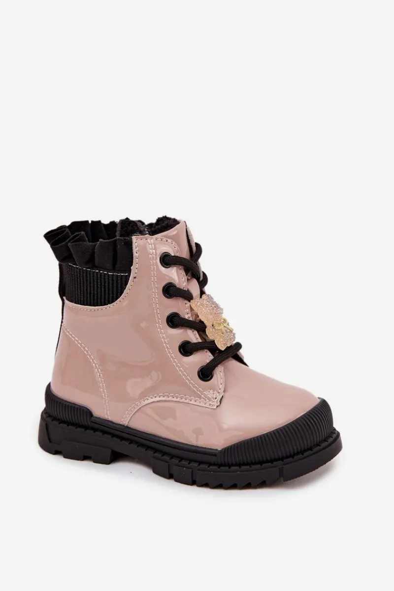 Hot Lakierowane Botki Dziecięce Ocieplane Z Przypinką Miś Beżowe Fionessa Dzieci Dziewczęce