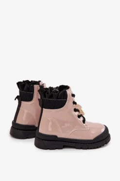 Hot Lakierowane Botki Dziecięce Ocieplane Z Przypinką Miś Beżowe Fionessa Dzieci Dziewczęce