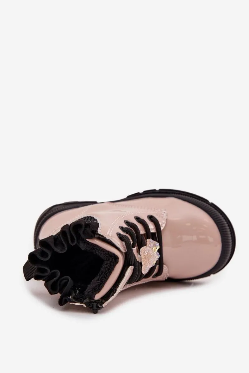 Hot Lakierowane Botki Dziecięce Ocieplane Z Przypinką Miś Beżowe Fionessa Dzieci Dziewczęce