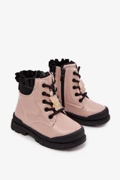 Hot Lakierowane Botki Dziecięce Ocieplane Z Przypinką Miś Beżowe Fionessa Dzieci Dziewczęce