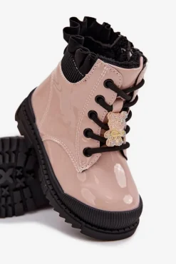 Hot Lakierowane Botki Dziecięce Ocieplane Z Przypinką Miś Beżowe Fionessa Dzieci Dziewczęce