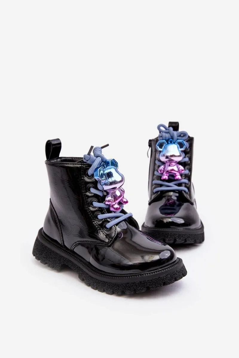 New Evento Lakierowane Botki Dziecięce Ocieplane Z Ozdobą Czarne Bunnyjoy