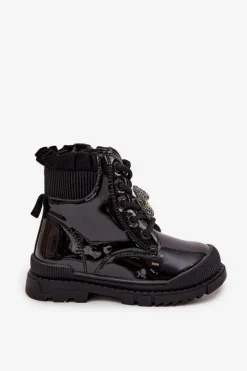 Dziewczęce>Boto Lakierowane Botki Dziecięce Ocieplane Z Przypinką Miś Czarne Fionessa
