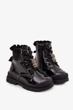 Dziewczęce></noscript>Boto Lakierowane Botki Dziecięce Ocieplane Z Przypinką Miś Czarne Fionessa