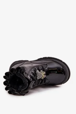 Dziewczęce></noscript>Boto Lakierowane Botki Dziecięce Ocieplane Z Przypinką Miś Czarne Fionessa