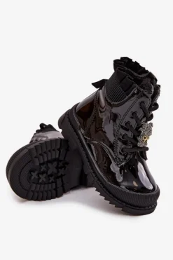 Dziewczęce></noscript>Boto Lakierowane Botki Dziecięce Ocieplane Z Przypinką Miś Czarne Fionessa