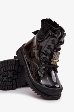 Dziewczęce></noscript>Boto Lakierowane Botki Dziecięce Ocieplane Z Przypinką Miś Czarne Fionessa