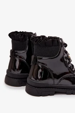 Dziewczęce></noscript>Boto Lakierowane Botki Dziecięce Ocieplane Z Przypinką Miś Czarne Fionessa