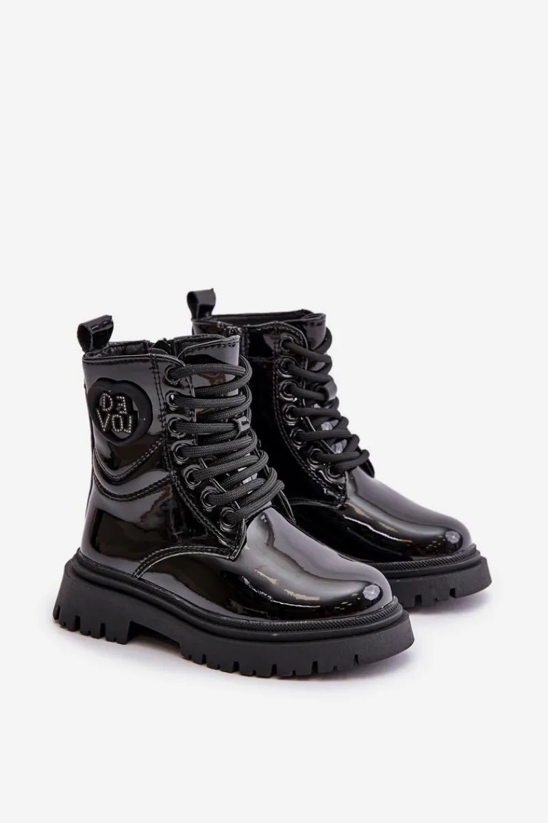 Dziewczęce>Boto Lakierowane Botki Dziewczęce Ocieplane Futerkiem Na Zamek Czarne Evaliraea Czarny