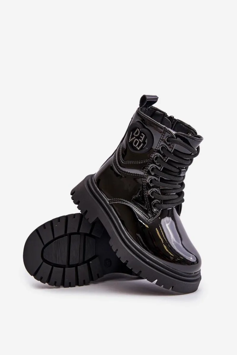 Dziewczęce>Boto Lakierowane Botki Dziewczęce Ocieplane Futerkiem Na Zamek Czarne Evaliraea Czarny