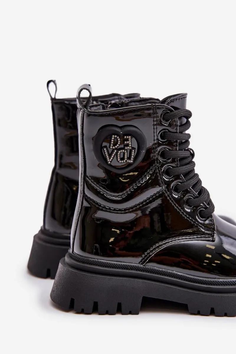 Dziewczęce>Boto Lakierowane Botki Dziewczęce Ocieplane Futerkiem Na Zamek Czarne Evaliraea Czarny