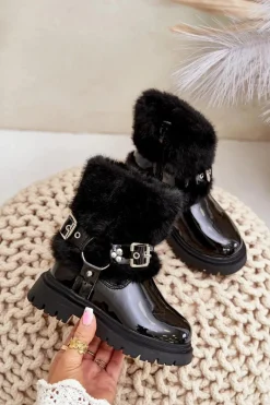 Outlet Lakierowane Botki Dziewczęce Z Futerkiem I Klamrami Czarne Cartemes Dzieci Dziewczęce