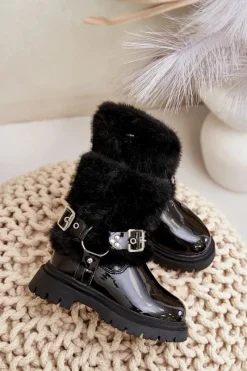 Outlet Lakierowane Botki Dziewczęce Z Futerkiem I Klamrami Czarne Cartemes Dzieci Dziewczęce