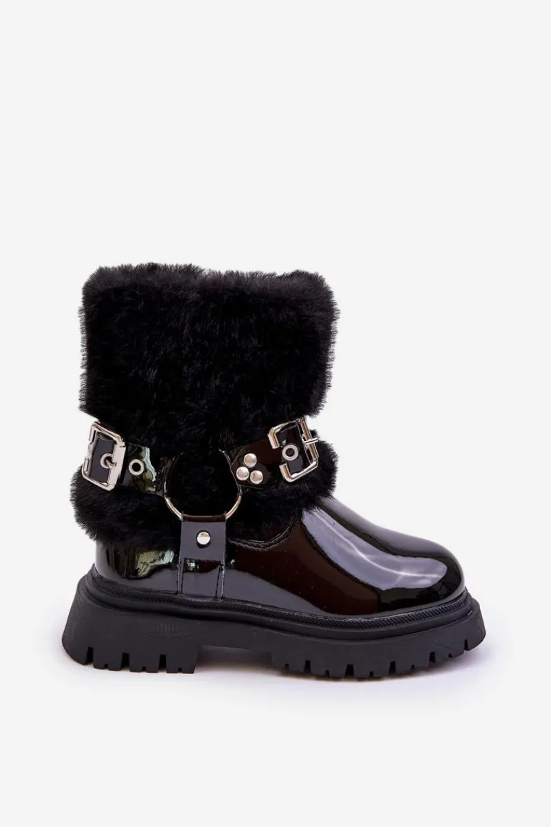 Outlet Lakierowane Botki Dziewczęce Z Futerkiem I Klamrami Czarne Cartemes Dzieci Dziewczęce