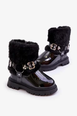 Outlet Lakierowane Botki Dziewczęce Z Futerkiem I Klamrami Czarne Cartemes Dzieci Dziewczęce