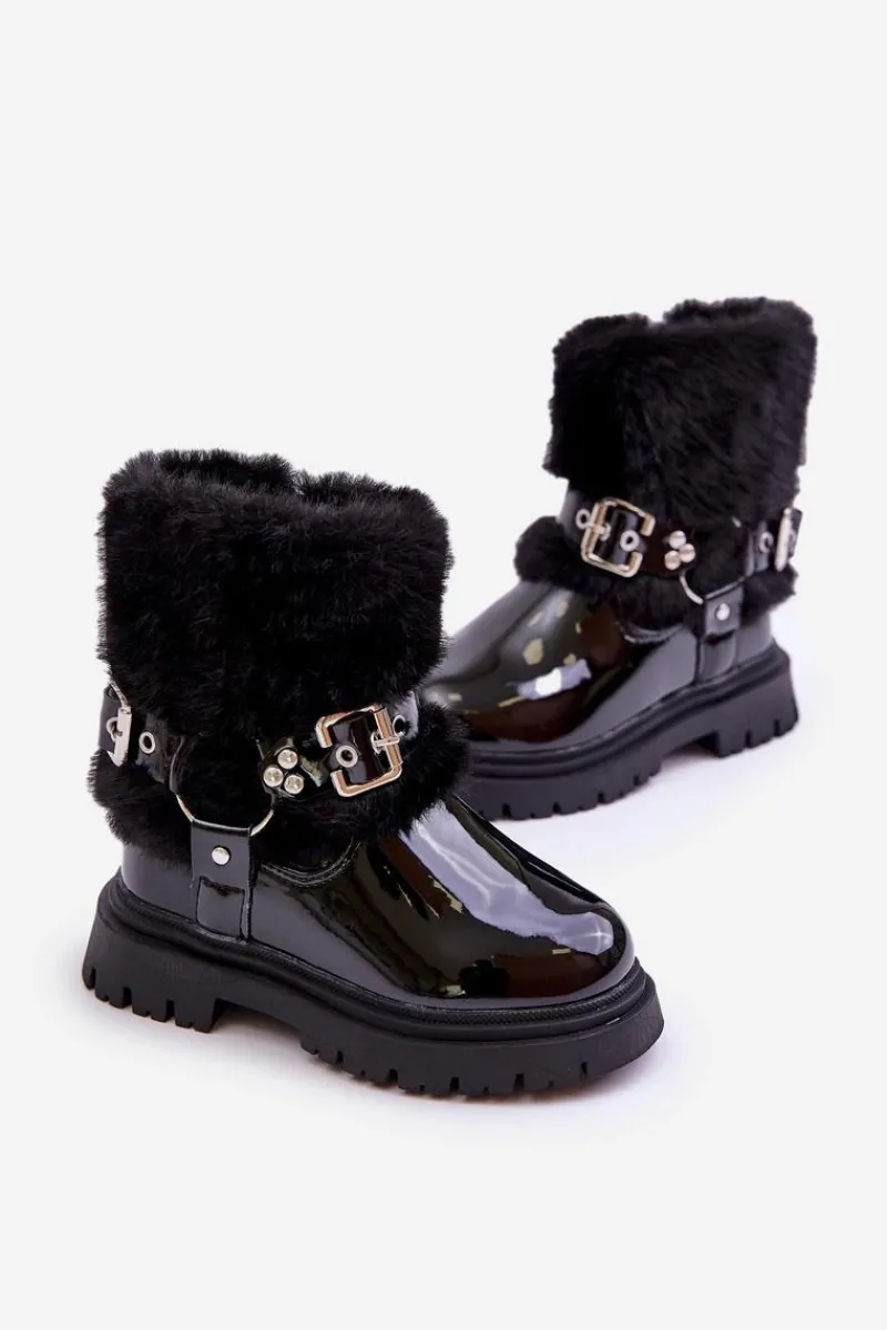 Outlet Lakierowane Botki Dziewczęce Z Futerkiem I Klamrami Czarne Cartemes Dzieci Dziewczęce