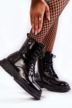 Best Lakierowane Botki Glany Big Star KK274489 Czarne Damskie Botki Sznurowane|Czarne Botki