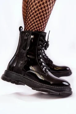 Best Lakierowane Botki Glany Big Star KK274489 Czarne Damskie Botki Sznurowane|Czarne Botki