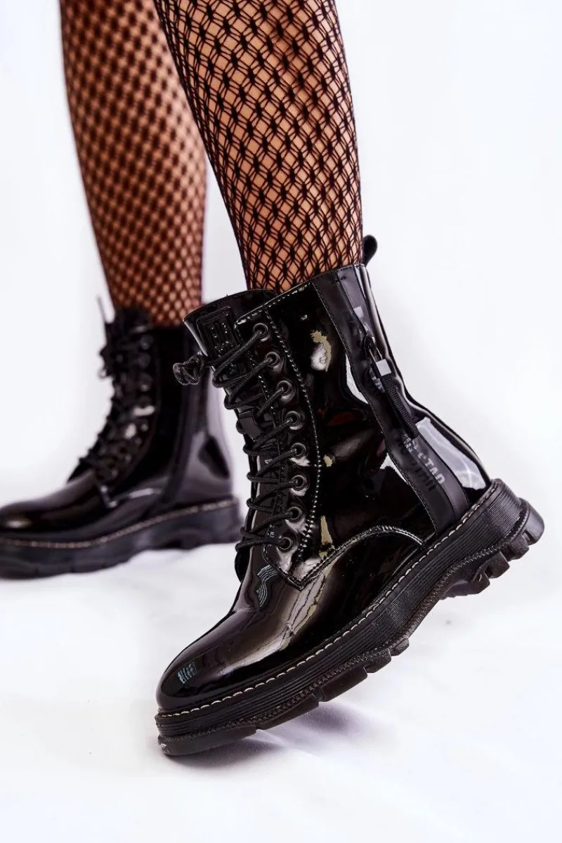 Best Lakierowane Botki Glany Big Star KK274489 Czarne Damskie Botki Sznurowane|Czarne Botki