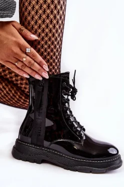 Best Lakierowane Botki Glany Big Star KK274489 Czarne Damskie Botki Sznurowane|Czarne Botki