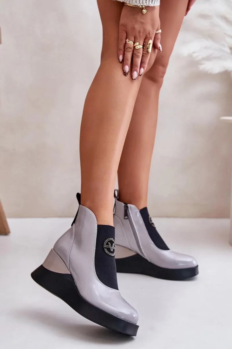 Botki Ocieplane|Botki Na Koturnie>Buty damskie Vinceza Lakierowane Botki Na Koturnie Ocieplane Vinceza 66703 Szare Szary