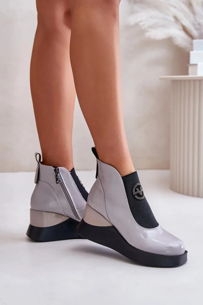 Botki Ocieplane|Botki Na Koturnie>Buty damskie Vinceza Lakierowane Botki Na Koturnie Ocieplane Vinceza 66703 Szare Szary