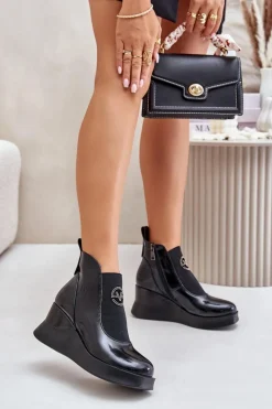 Online Lakierowane Botki Na Koturnie Ocieplane Vinceza 66703 Czarne Damskie Botki Ocieplane|Botki Na Koturnie