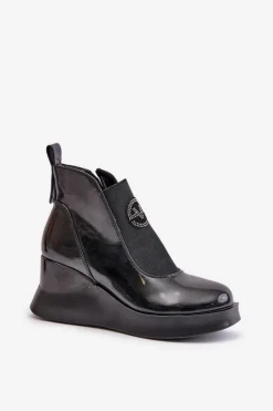 Online Lakierowane Botki Na Koturnie Ocieplane Vinceza 66703 Czarne Damskie Botki Ocieplane|Botki Na Koturnie