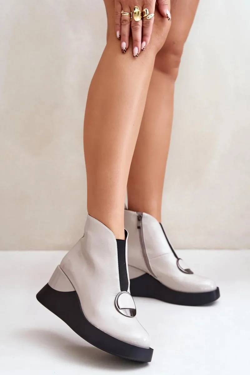 Online Lakierowane Botki Na Koturnie Ocieplane D&A MR880-136 Jasnoszare Damskie Botki Ocieplane|Botki Na Koturnie