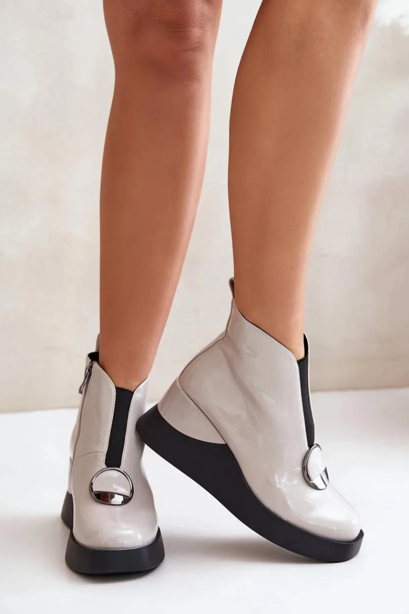 Online Lakierowane Botki Na Koturnie Ocieplane D&A MR880-136 Jasnoszare Damskie Botki Ocieplane|Botki Na Koturnie