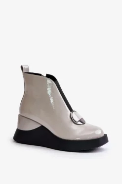 Online Lakierowane Botki Na Koturnie Ocieplane D&A MR880-136 Jasnoszare Damskie Botki Ocieplane|Botki Na Koturnie