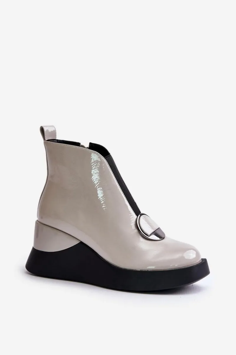 Online Lakierowane Botki Na Koturnie Ocieplane D&A MR880-136 Jasnoszare Damskie Botki Ocieplane|Botki Na Koturnie