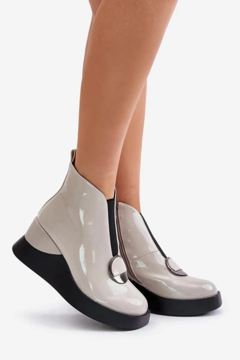 Online Lakierowane Botki Na Koturnie Ocieplane D&A MR880-136 Jasnoszare Damskie Botki Ocieplane|Botki Na Koturnie