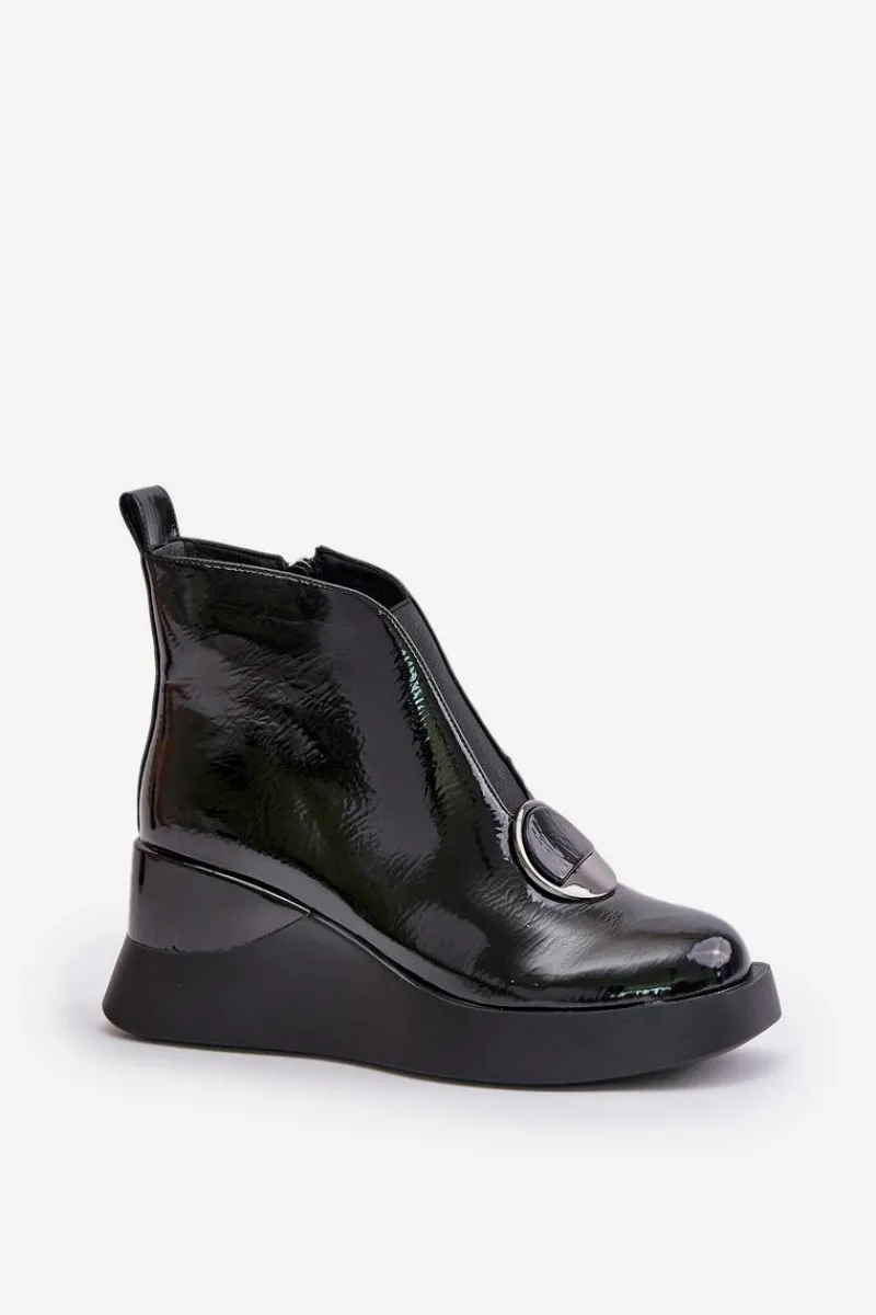 Best Damskie buty S.Barski Lakierowane Botki Na Koturnie Ocieplane D&A MR880-136 Czarne