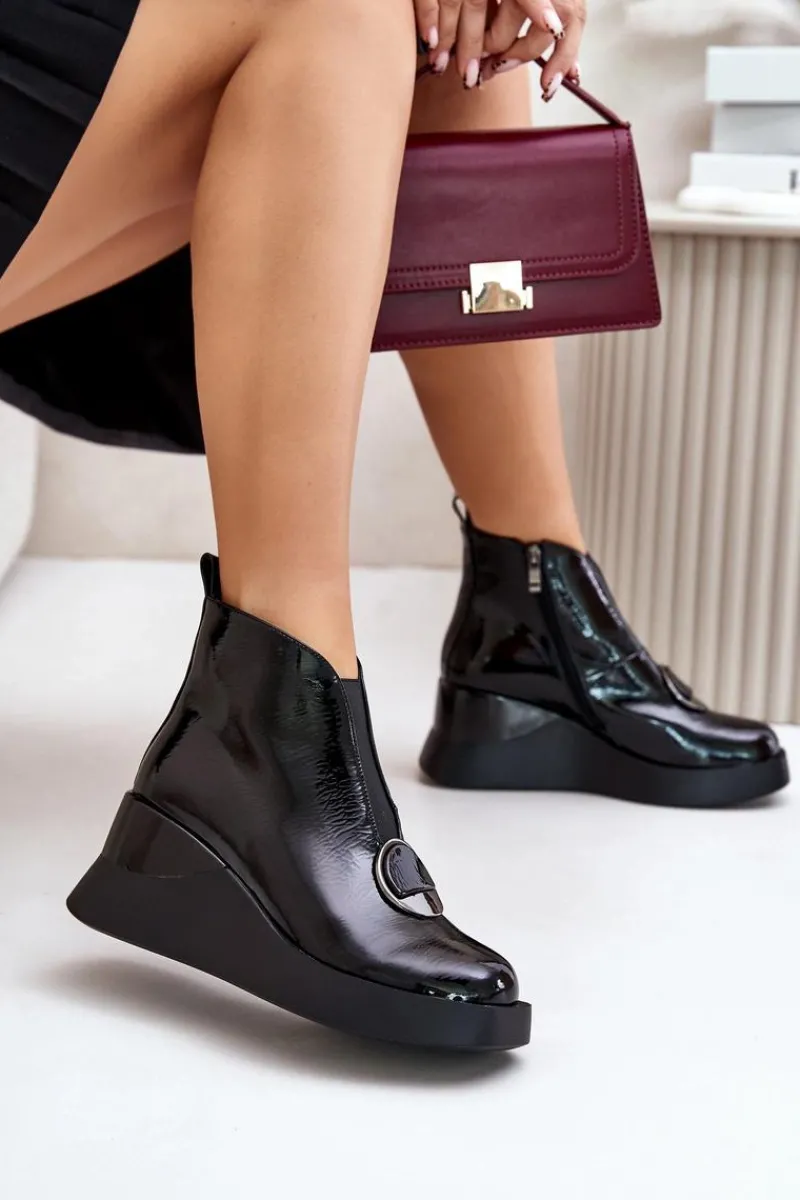 Best Damskie buty S.Barski Lakierowane Botki Na Koturnie Ocieplane D&A MR880-136 Czarne