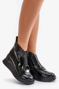 Best Damskie buty S.Barski Lakierowane Botki Na Koturnie Ocieplane D&A MR880-136 Czarne