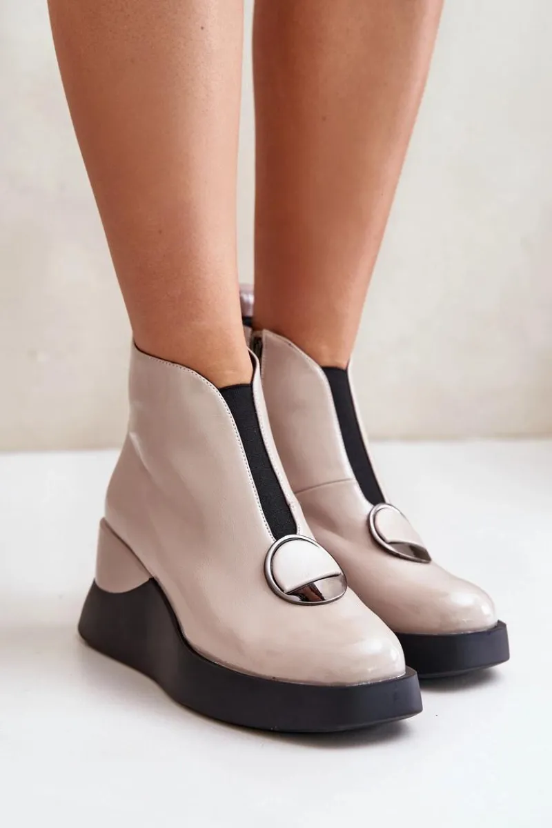 Botki Ocieplane|Botki Na Koturnie>Damskie buty S.Barski Lakierowane Botki Na Koturnie Ocieplane D&A MR880-136 Beżowe Beżowy