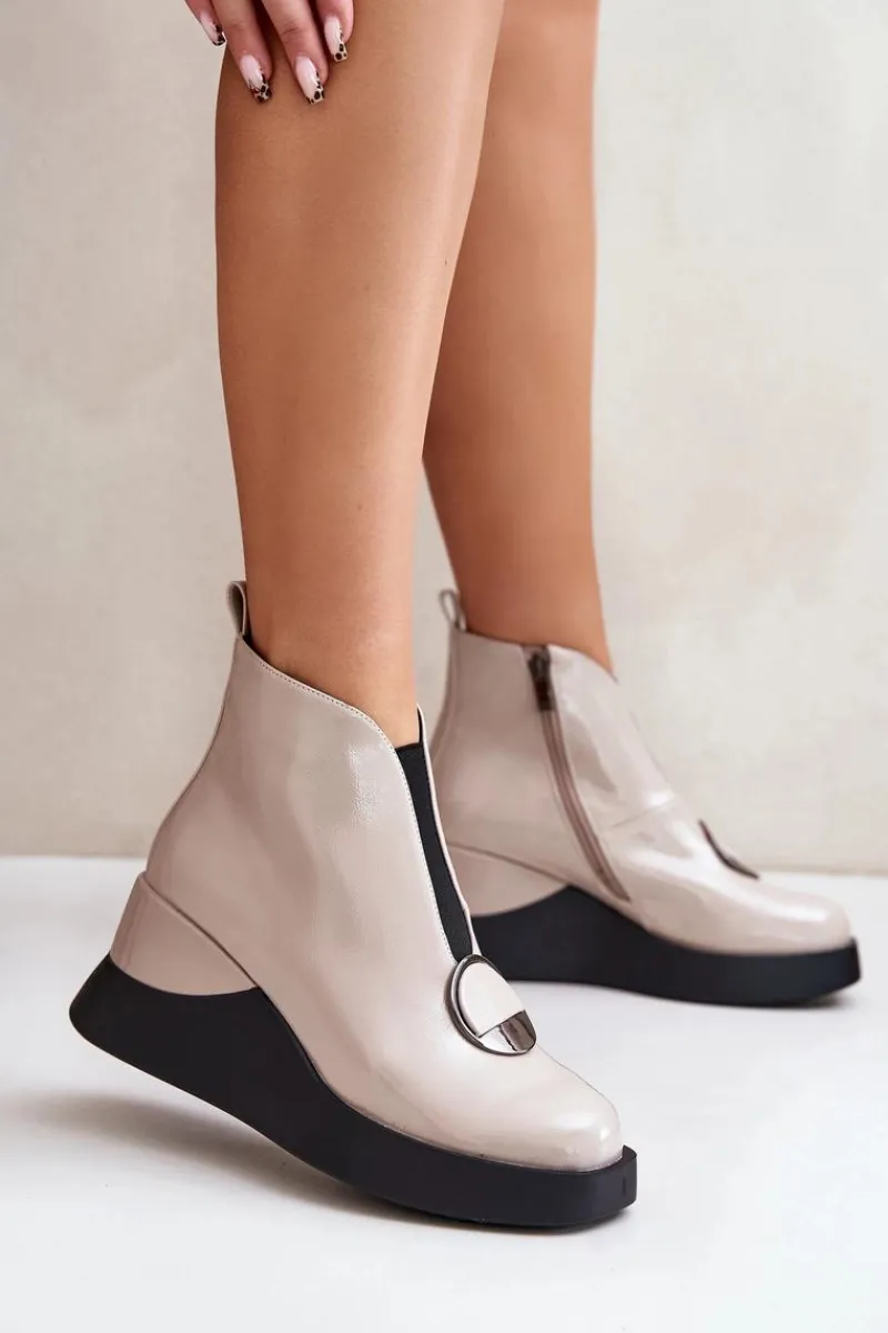 Botki Ocieplane|Botki Na Koturnie>Damskie buty S.Barski Lakierowane Botki Na Koturnie Ocieplane D&A MR880-136 Beżowe Beżowy