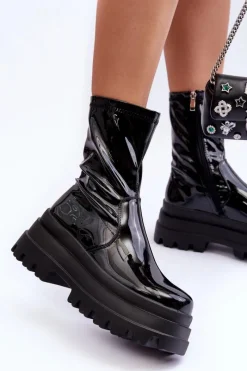 Sale Boto Lakierowane Botki Na Masywnej Platformie Czarne Kylira Czarny