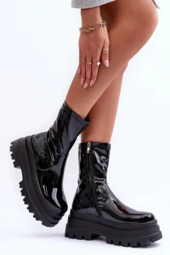 Sale Boto Lakierowane Botki Na Masywnej Platformie Czarne Kylira Czarny