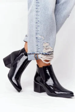 Discount Lakierowane Botki Na Obcasie Sergio Leone BT153 Czarne Damskie Botki Na Słupku|Czarne Botki