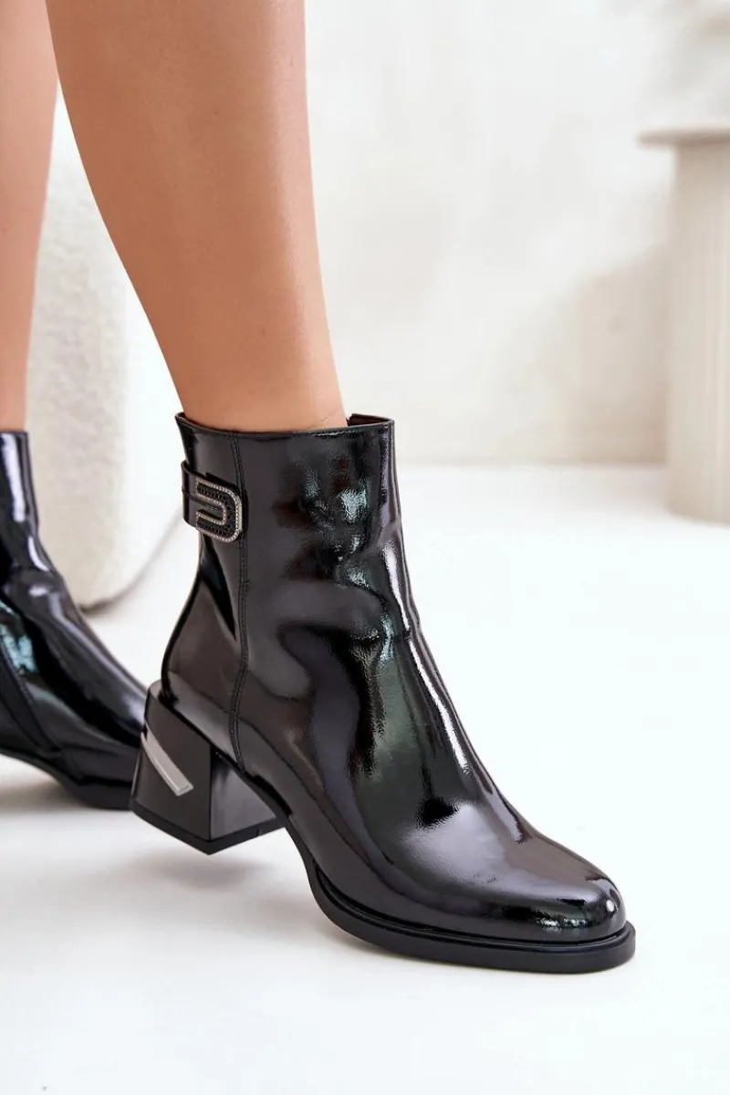 Discount Damskie buty S.Barski Lakierowane Botki Na Obcasie Ocieplane MR880-093 Czarne Czarny