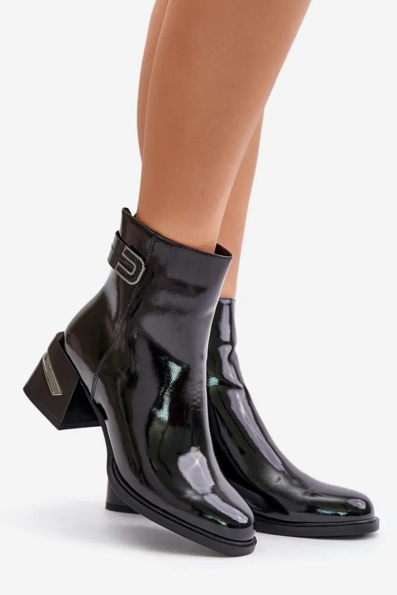 Discount Damskie buty S.Barski Lakierowane Botki Na Obcasie Ocieplane MR880-093 Czarne Czarny