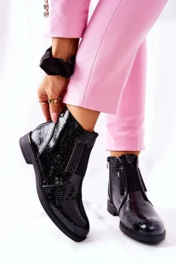 New Lakierowane Botki Na Obcasie Sergio Leone BT400 Czarne Damskie Czarne Botki|Botki Zimowe Damskie