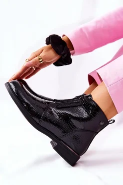 New Lakierowane Botki Na Obcasie Sergio Leone BT400 Czarne Damskie Czarne Botki|Botki Zimowe Damskie