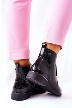 New Lakierowane Botki Na Obcasie Sergio Leone BT400 Czarne Damskie Czarne Botki|Botki Zimowe Damskie