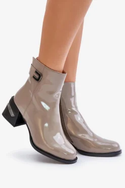 Lakierowane Botki Na Obcasie Ocieplane MR880-093 Szare Damskie Botki Ocieplane|Botki Na Słupku