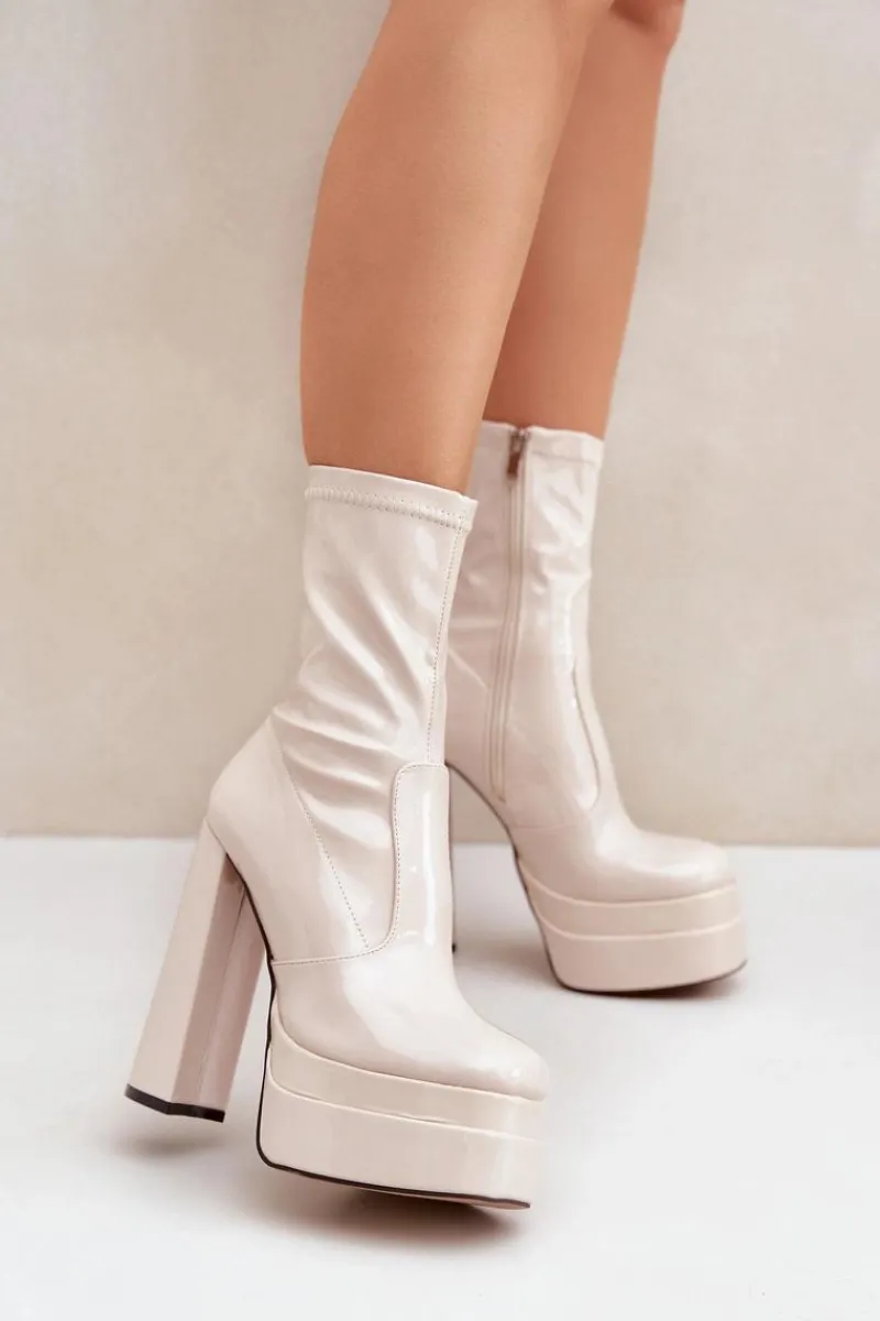 New Boto Lakierowane Botki Na Platformie I Wysokim Słupku Beżowe Lotisha Beżowy