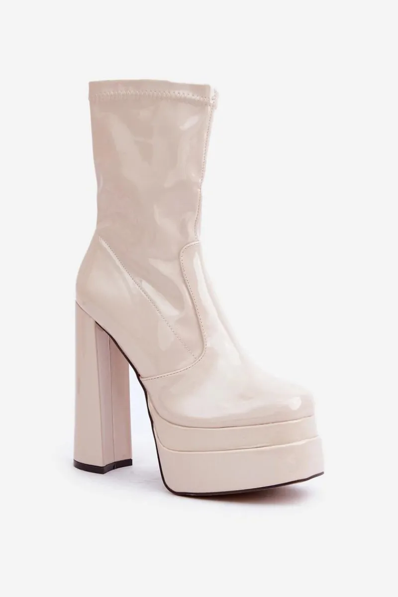 New Boto Lakierowane Botki Na Platformie I Wysokim Słupku Beżowe Lotisha Beżowy