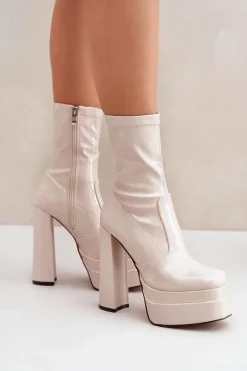 New Boto Lakierowane Botki Na Platformie I Wysokim Słupku Beżowe Lotisha Beżowy